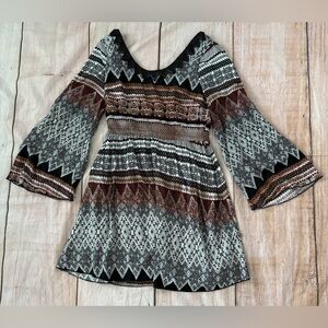 Alya Dress Women's Medium Multi Boho Aztec Bell Sleeve Beaded Scoop Neck